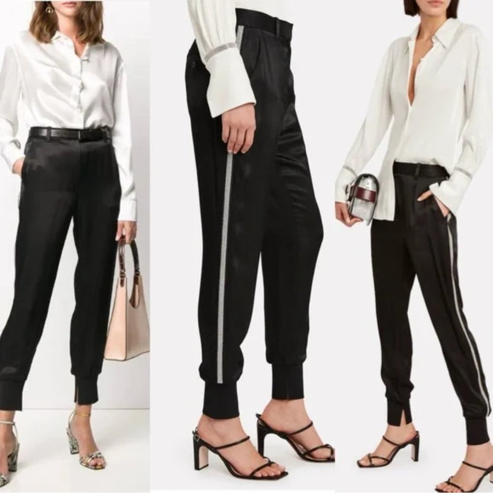 NWOT 3.1 Phillip Lim black satin jogger pants with metallic side stripe, 0